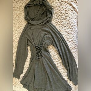 Gray Hooded Dress with Lace-Up Detail
